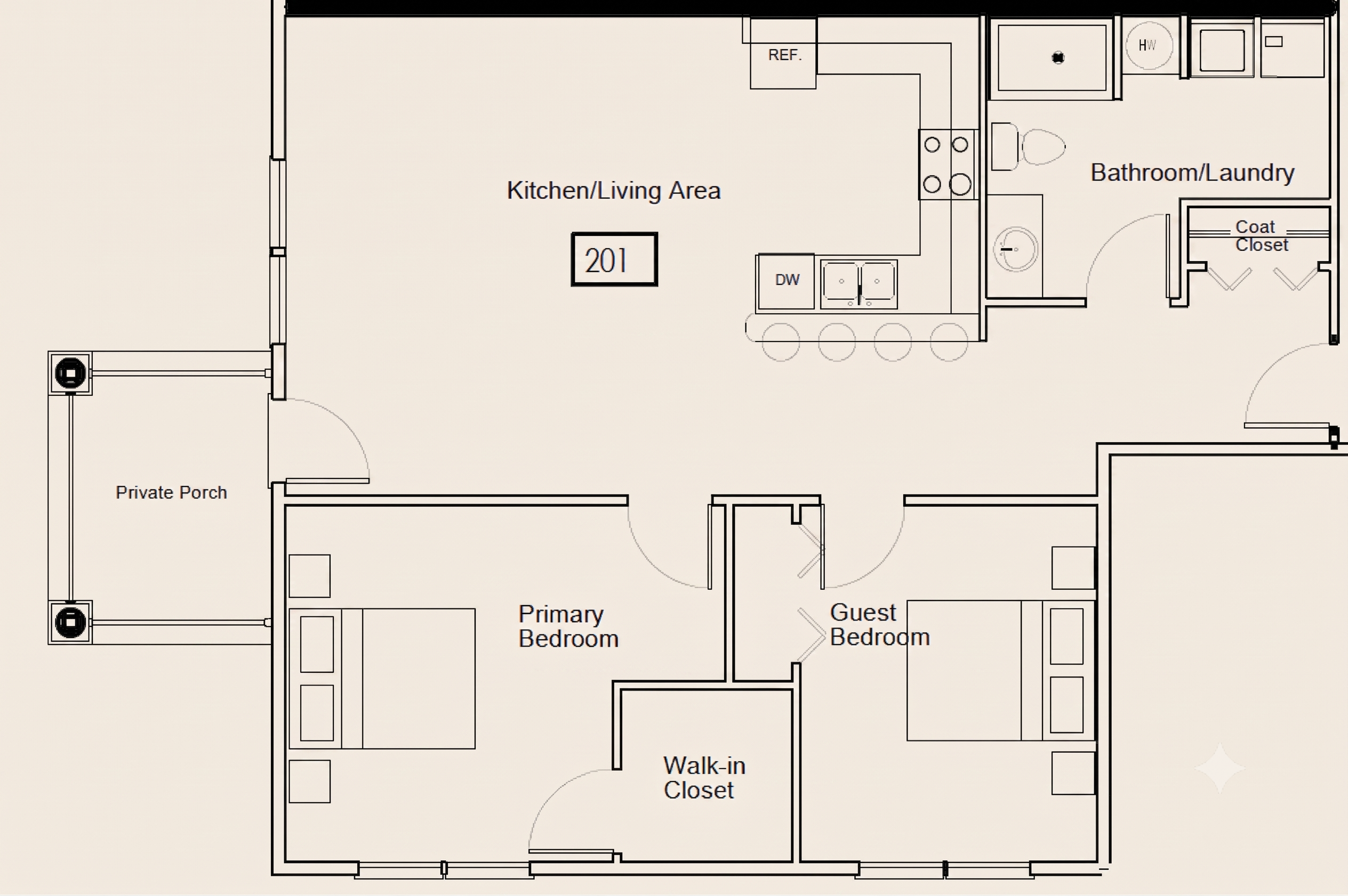 Floor plan for The Gale Two: an open kitchen and living area, primary and guest bedrooms with a shared walk-in closet, a combined bathroom and laundry room, and a private porch