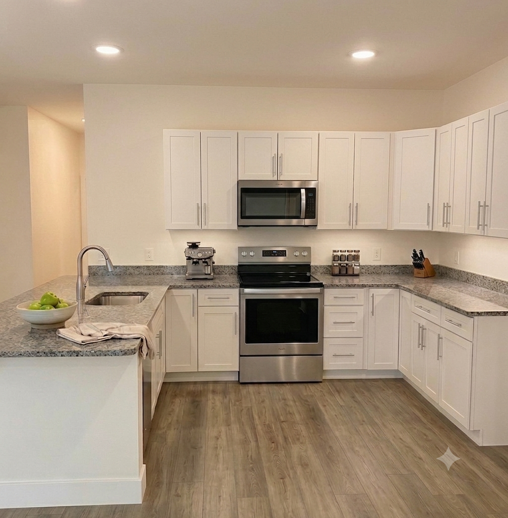 A kitchen with white shaker cabinets, granite countertops, and stainless steel appliances
