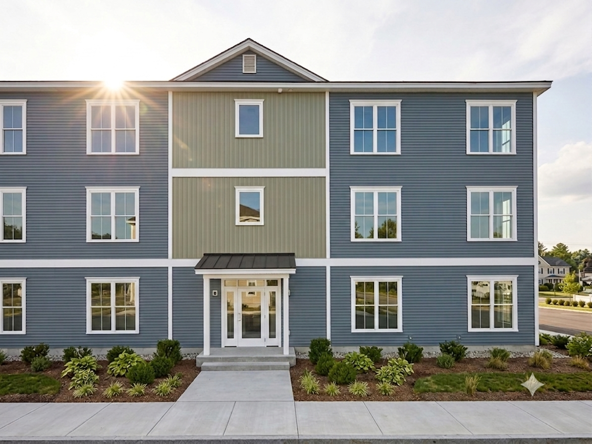 The front of GALE at golden hour — a three-story blue and sage-green building with a landscaped entry walk
