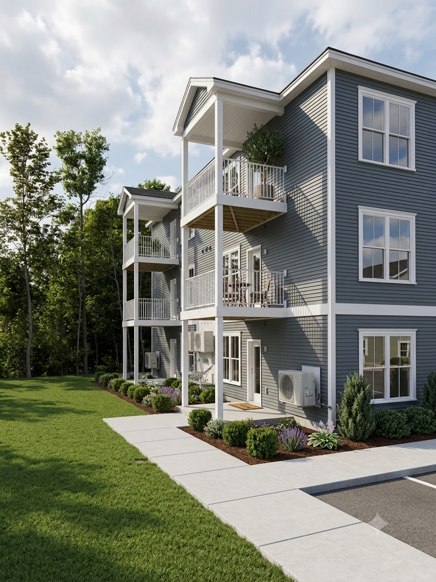 The side of the GALE building with stacked private balconies overlooking a lawn and walkway