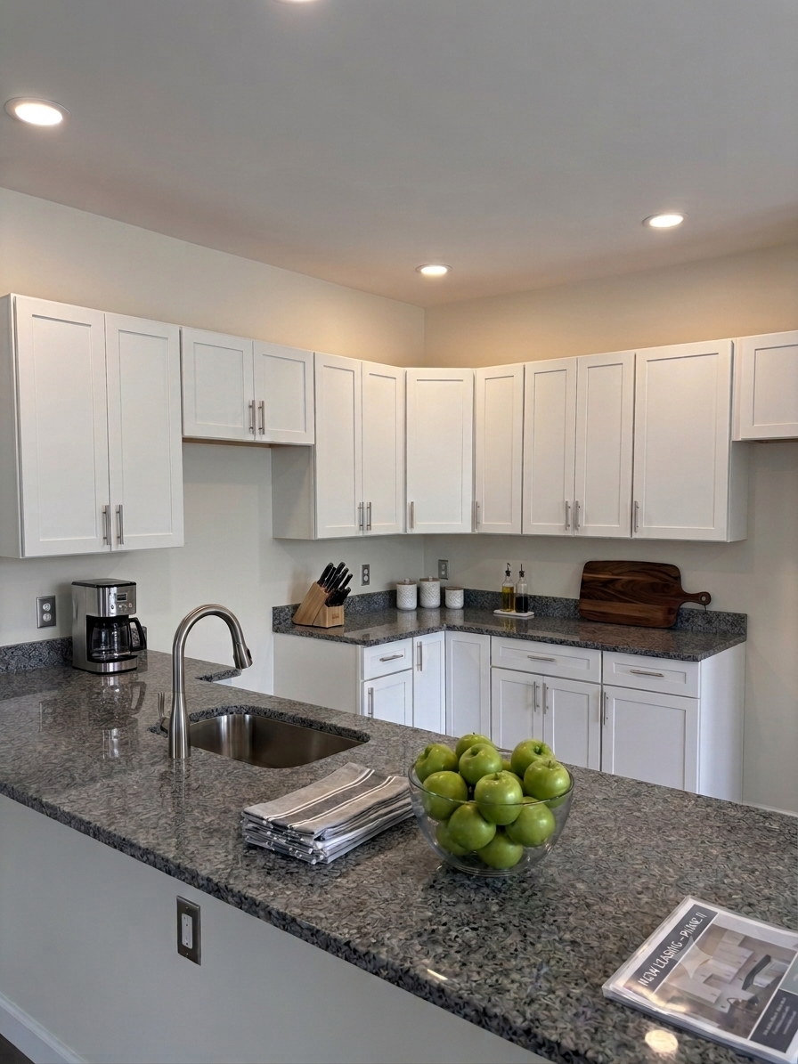 A close view of a granite kitchen counter with a bowl of green apples