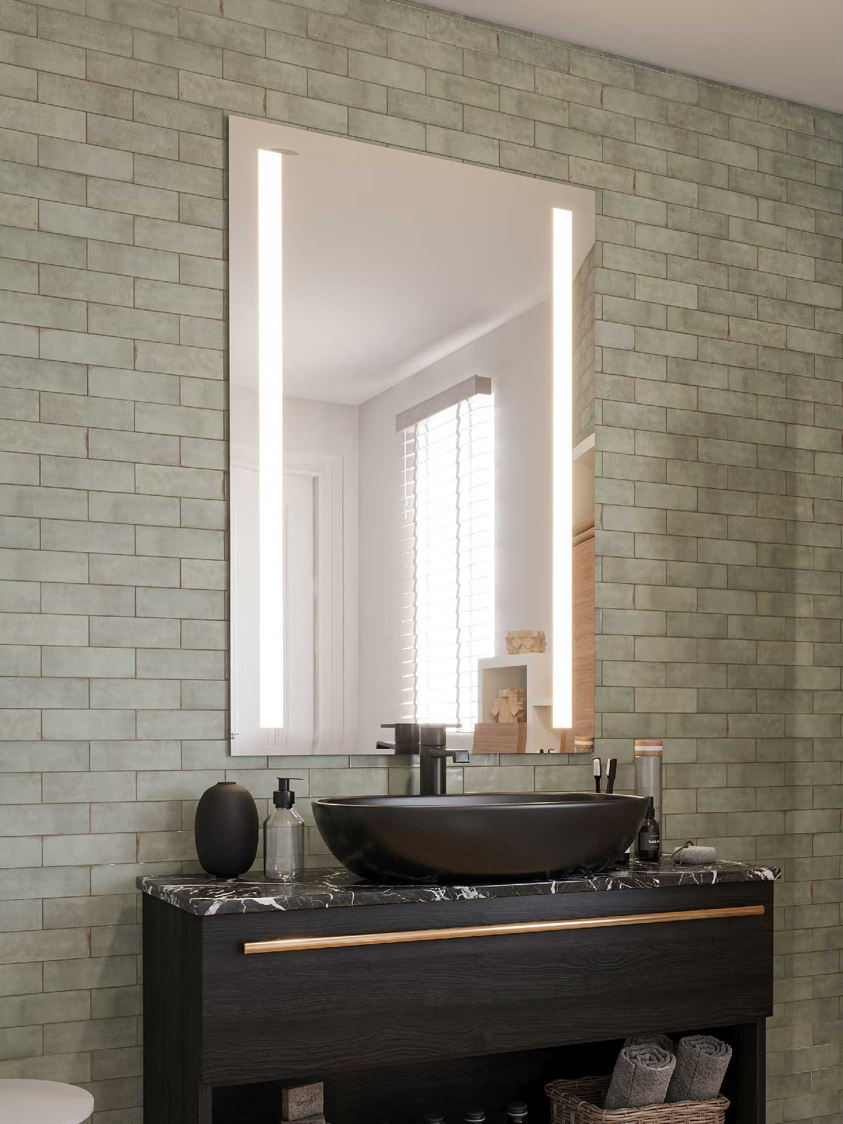 A vertical backlit LED vanity mirror above a dark wood vanity with a black vessel sink — a representative product photo, not a GALE residence