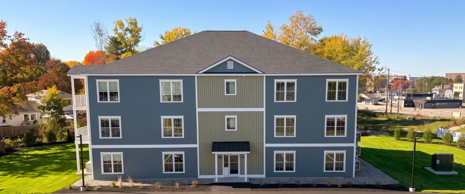 The front of the three-story GALE building in autumn, with blue and sage siding, a covered entry, fresh lawn, and fall foliage behind