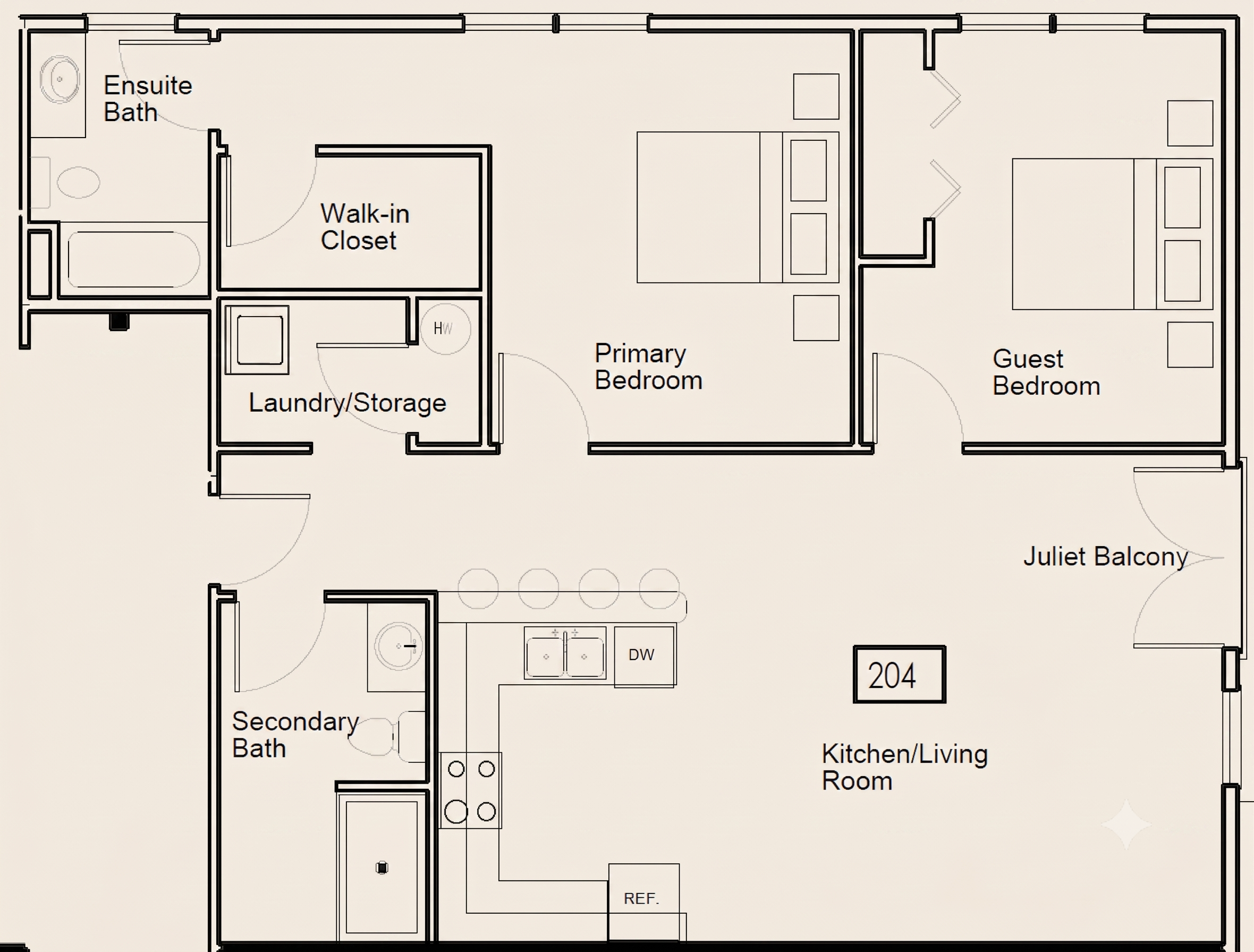 Floor plan for The Gale Suite: an open kitchen and living room with a Juliet balcony, a primary bedroom with walk-in closet and ensuite bath, a guest bedroom, a secondary bath, and a laundry and storage room
