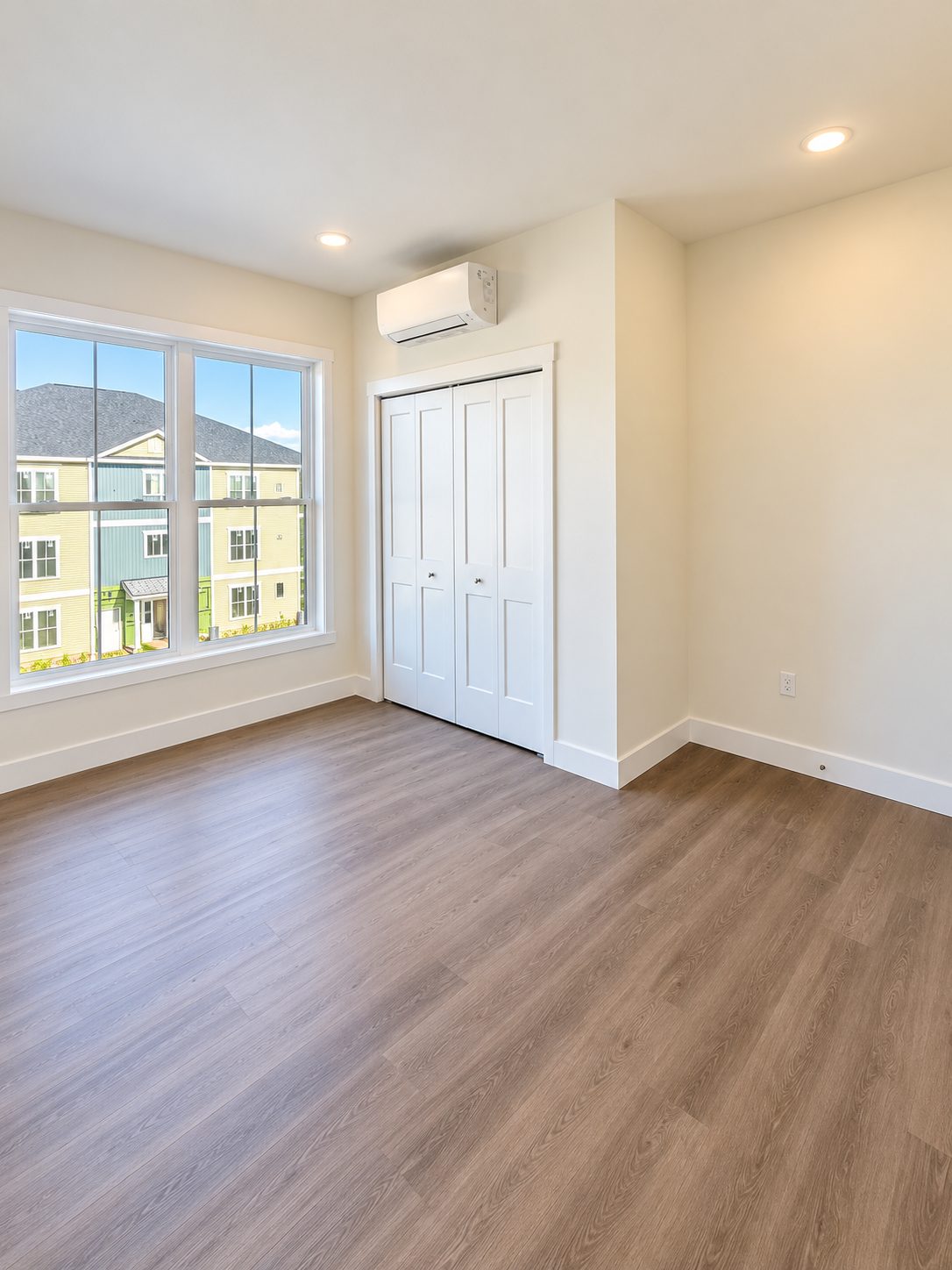 A bedroom in a GALE residence with a wide double-hung window looking toward the neighbouring building, a bifold double closet, and a ductless mini-split above it